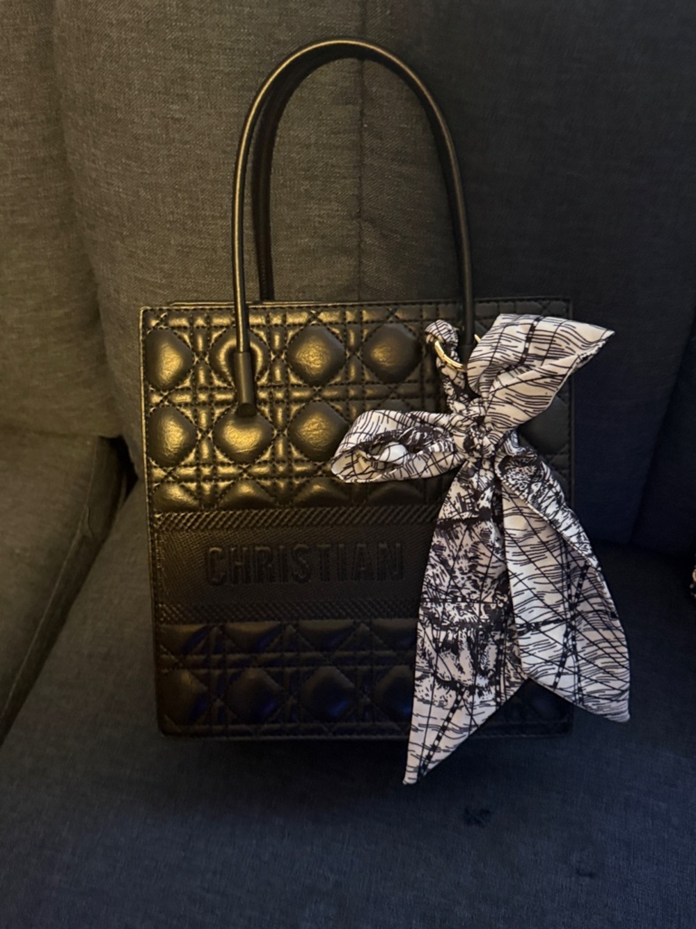 Black Leather Quilted Tote Bag with Printed Scarf